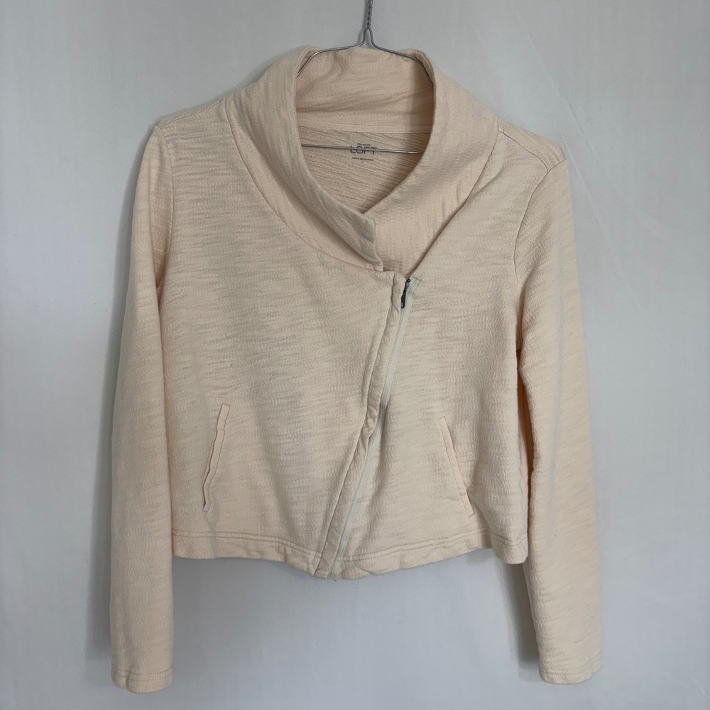 LOFT Womens Jacket Cropped Full Zip Collared Pockets Casual‎ Light Beige L